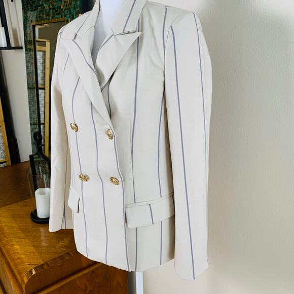 By Egreis Sz XS 2-Piece Suit Pants w/ Double Breasted Blazer Cream Blue Striped - Picture 2 of 13